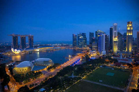 Singapore Downtown overview at night Black Ornate Wood Framed Art Print with Double Matting by Zuckerman, Jim