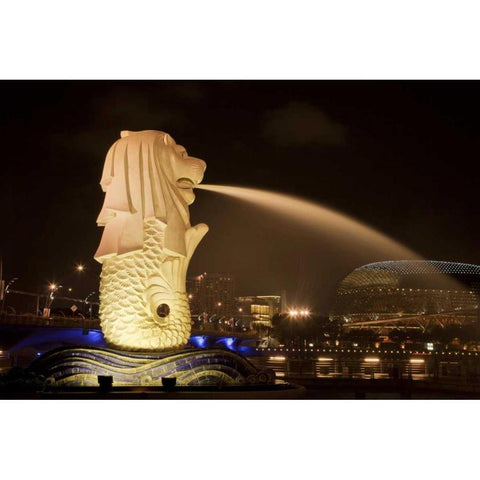 Singapore Merlion statue spewing water White Modern Wood Framed Art Print by Zuckerman, Jim