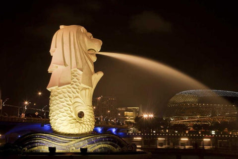 Singapore Merlion statue spewing water White Modern Wood Framed Art Print with Double Matting by Zuckerman, Jim