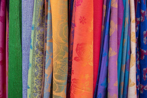 Singapore-Chinatown Detail of typical textile souvenir scarves Black Ornate Wood Framed Art Print with Double Matting by Hopkins, Cindy Miller