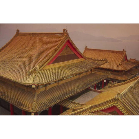 Taiwan, Wenwu Temple rooftops with Sun Moon Lake White Modern Wood Framed Art Print by Satushek, Steve