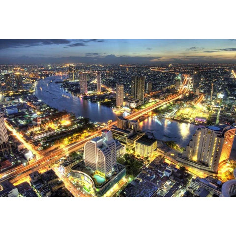Cityscape at dusk, Bangkok, Thailand White Modern Wood Framed Art Print by Shimlock, Jones