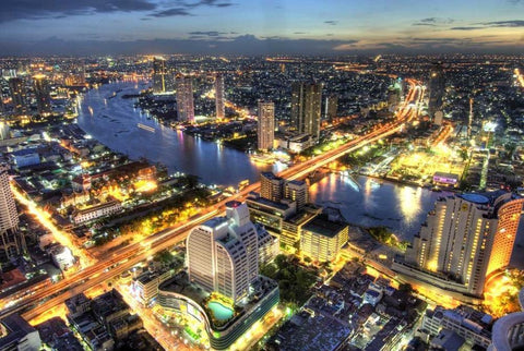 Cityscape at dusk, Bangkok, Thailand White Modern Wood Framed Art Print with Double Matting by Shimlock, Jones