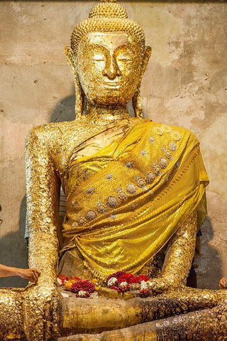 Thailand-Samut Songkhram Province-Amphawa District Buddha statue covered with gold leaf offerings Black Ornate Wood Framed Art Print with Double Matting by Haseltine, Tom