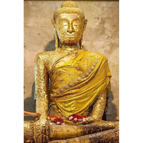 Thailand-Samut Songkhram Province-Amphawa District Buddha statue covered with gold leaf offerings Black Modern Wood Framed Art Print by Haseltine, Tom