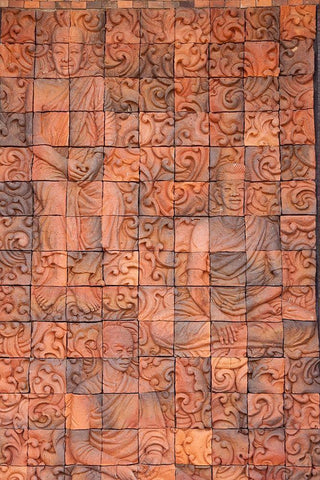 Thailand-Nong Khai Province Bas relief in tiles depicting monks Black Ornate Wood Framed Art Print with Double Matting by Haseltine, Tom