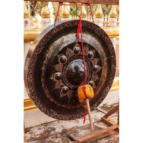 Thailand-Nong Khai Gong in temple courtyard Phra That Bang Phuan temple Gold Ornate Wood Framed Art Print with Double Matting by Haseltine, Tom