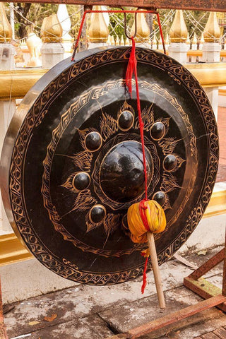Thailand-Nong Khai Gong in temple courtyard Phra That Bang Phuan temple White Modern Wood Framed Art Print with Double Matting by Haseltine, Tom
