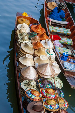 Damnoen Saduak Floating Market-Bangkok-Thailand-Boatload of hats for sale Black Ornate Wood Framed Art Print with Double Matting by Haseltine, Tom