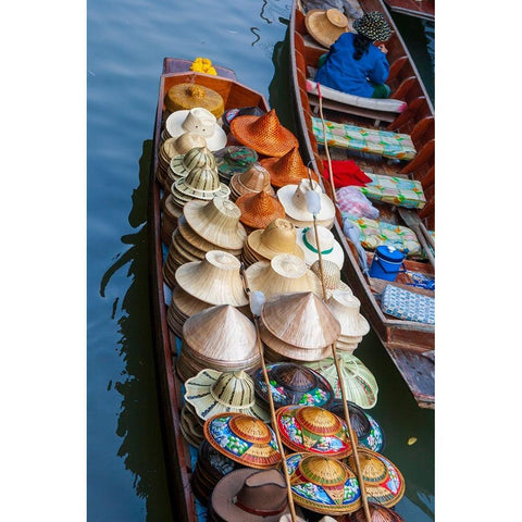 Damnoen Saduak Floating Market-Bangkok-Thailand-Boatload of hats for sale Black Modern Wood Framed Art Print by Haseltine, Tom