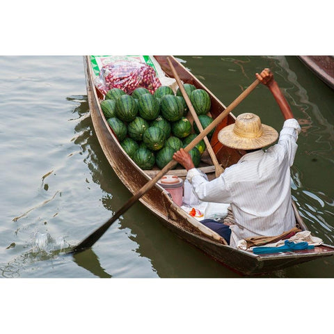 Damnoen Saduak Floating Market-Bangkok-Thailand-Man with a boatload of watermelons for sale Black Modern Wood Framed Art Print by Haseltine, Tom