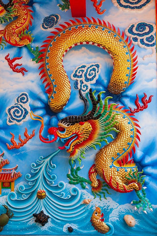 Bangkok- Thailand. Colorful relief depicting dragon or sea serpent. White Modern Wood Framed Art Print with Double Matting by Haseltine, Tom