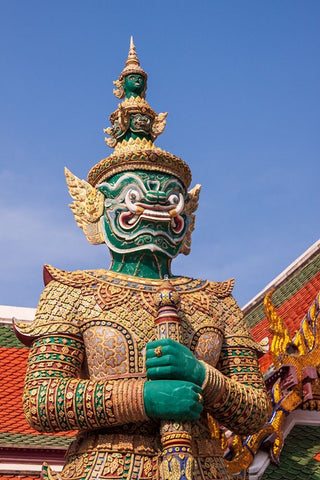 Thailand- Bangkok. Yaksha- demon depicted in the Ramayana- guarding Wat Phra Kaew Black Ornate Wood Framed Art Print with Double Matting by Haseltine, Tom