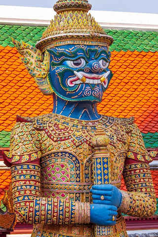 Thailand- Bangkok. Yaksha- demon depicted in the Ramayana- guarding Wat Phra Kaew Black Ornate Wood Framed Art Print with Double Matting by Haseltine, Tom