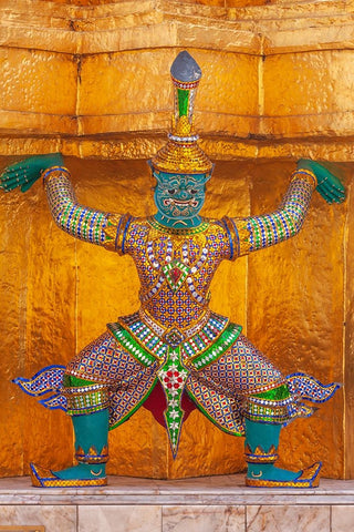 Thailand- Bangkok. Yaksha- demon depicted in the Ramayana- guarding Wat Phra Kaew White Modern Wood Framed Art Print with Double Matting by Haseltine, Tom