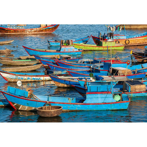 Distinctive red and blue fishing fleet in major fishing port of Nha Trang-South Central Vietnam Black Modern Wood Framed Art Print with Double Matting by Haseltine, Tom