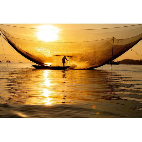 Vietnam-Fisherman emptying the nights catch in the Lagoon Gold Ornate Wood Framed Art Print with Double Matting by Norring, Tom