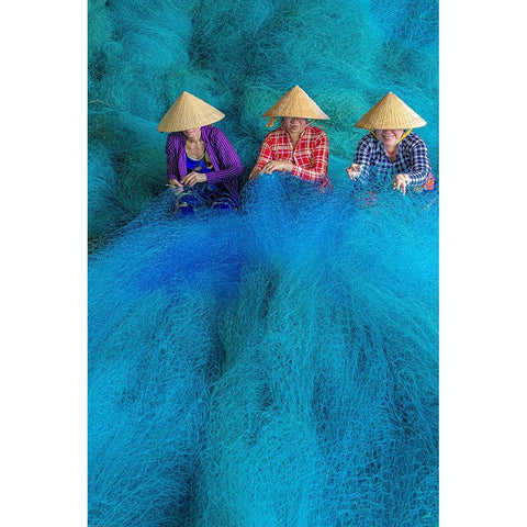 Vietnam-Women repairing fishing nets Gold Ornate Wood Framed Art Print with Double Matting by Norring, Tom