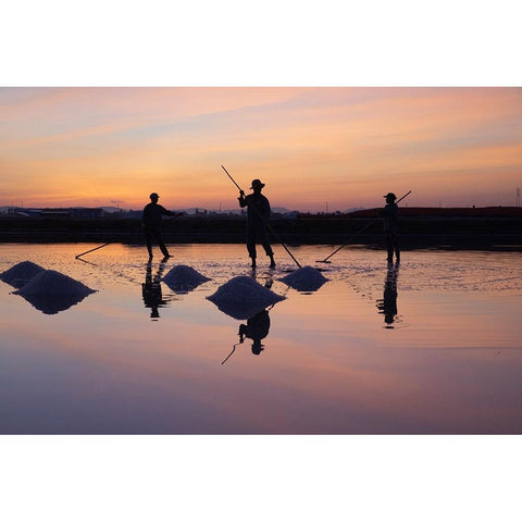 Vietnam-Doc Let Salt lake-Workers harvesting the salt-Early morning sunrise Black Modern Wood Framed Art Print by Norring, Tom