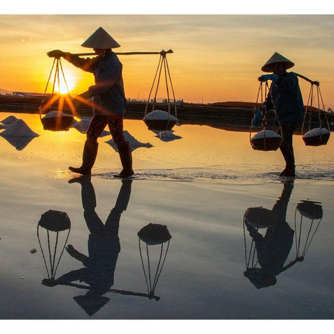 Vietnam-Doc Let Salt lake-Workers harvesting the salt-Early morning sunrise Black Modern Wood Framed Art Print by Norring, Tom