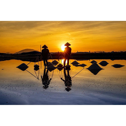 Vietnam-Doc Let Salt lake-Workers harvesting the salt-Early morning sunrise Black Modern Wood Framed Art Print by Norring, Tom