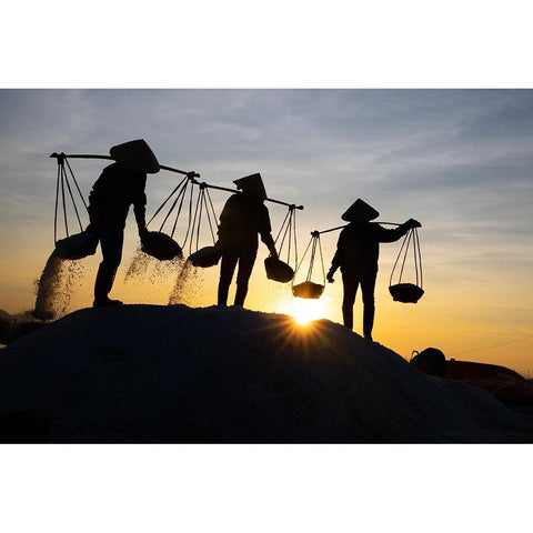 Vietnam-Doc Let Salt lake-Workers harvesting the salt-Early morning sunrise White Modern Wood Framed Art Print by Norring, Tom