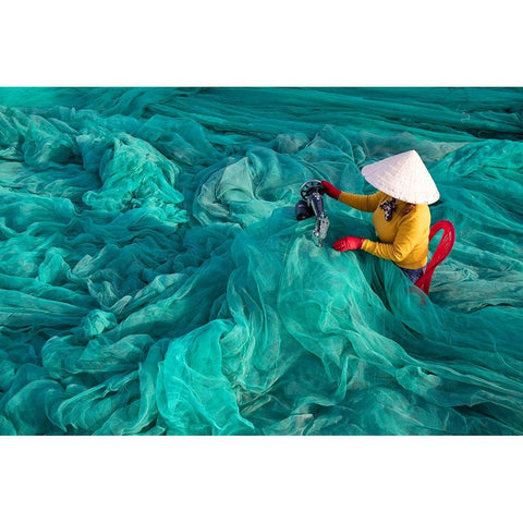 Vietnam-Fishing net analysis and repair with old fashioned manual sowing machine Black Modern Wood Framed Art Print with Double Matting by Norring, Tom