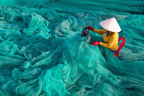 Vietnam-Fishing net analysis and repair with old fashioned manual sowing machine White Modern Wood Framed Art Print with Double Matting by Norring, Tom