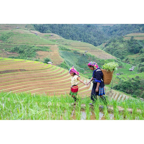 Vietnam-Grandma taking care of granddaughter-Farming community with traditional Sapa dresses Gold Ornate Wood Framed Art Print with Double Matting by Norring, Tom