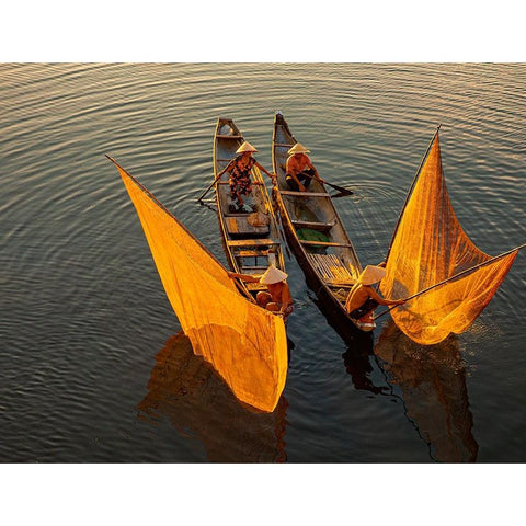 Vietnam-Coordinated lagoon fishing with nets at sunset Gold Ornate Wood Framed Art Print with Double Matting by Norring, Tom