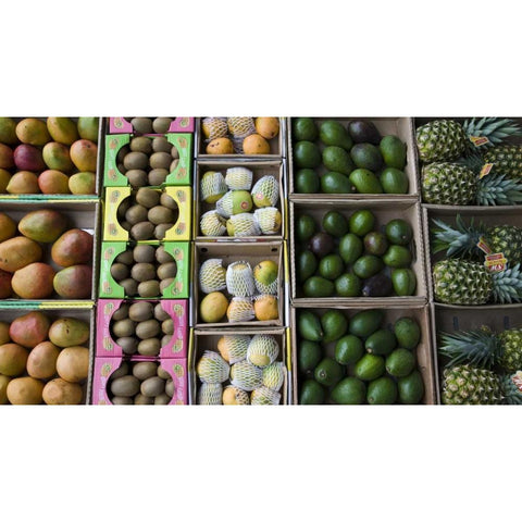 UAE, Abu Dhabi Various fruit in boxes at market Black Modern Wood Framed Art Print by Young, Bill