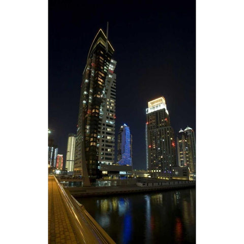 UAE, Dubai, Marina Downtown buildings at night Black Modern Wood Framed Art Print with Double Matting by Young, Bill