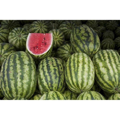 UAE, Abu Dhabi Watermelons on display at market Black Modern Wood Framed Art Print by Young, Bill