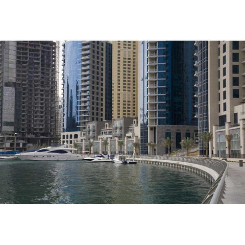 UAE, Dubai, Marina Sidewalk along marina bay White Modern Wood Framed Art Print by Young, Bill