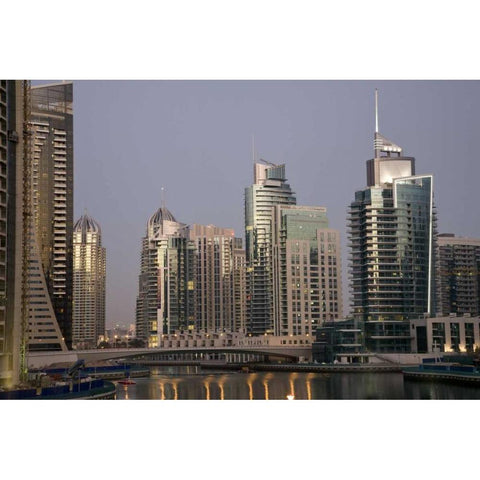 UAE, Dubai Tower lights reflect on marina water Gold Ornate Wood Framed Art Print with Double Matting by Young, Bill