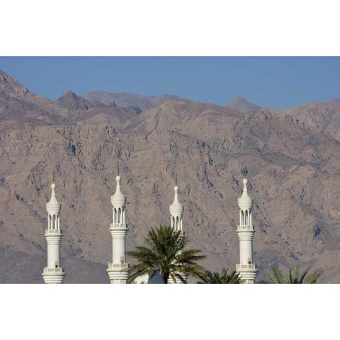 UAE, Fujairah Minarets against distant hills White Modern Wood Framed Art Print by Young, Bill