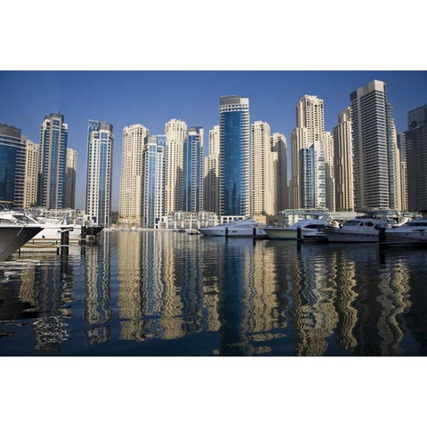 UAE, Dubai Marina towers with boats at anchor Black Modern Wood Framed Art Print by Young, Bill