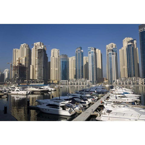 UAE, Dubai Marina towers with boats at anchor Gold Ornate Wood Framed Art Print with Double Matting by Young, Bill