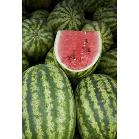 UAE, Abu Dhabi Watermelons on display at market Black Modern Wood Framed Art Print by Young, Bill