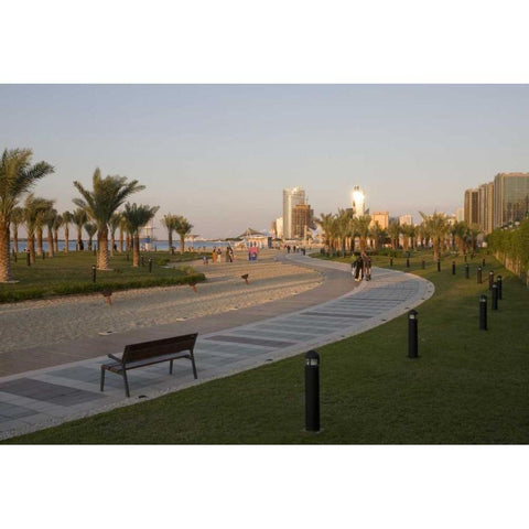 UAE, Abu Dhabi Walkway by beach and waterfront Gold Ornate Wood Framed Art Print with Double Matting by Young, Bill