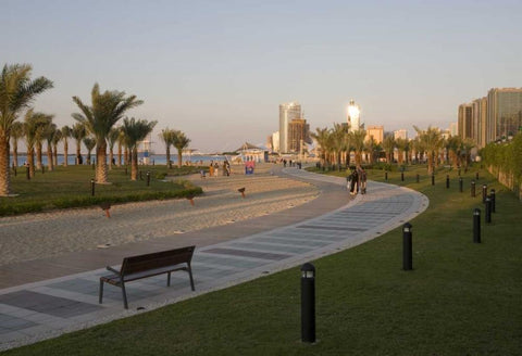 UAE, Abu Dhabi Walkway by beach and waterfront White Modern Wood Framed Art Print with Double Matting by Young, Bill