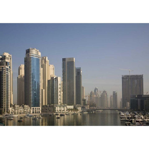 UAE, Dubai Marina towers with boats at anchor White Modern Wood Framed Art Print by Young, Bill