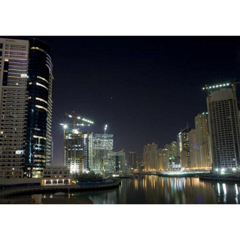 UAE, Dubai Towers on marina at night Black Modern Wood Framed Art Print by Young, Bill
