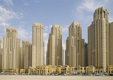UAE, Dubai, Marina Jumeirah Beach buildings White Modern Wood Framed Art Print with Double Matting by Young, Bill