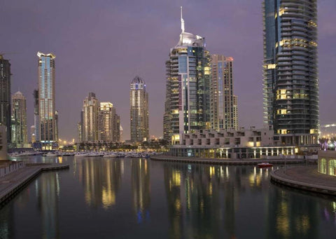 UAE, Dubai, Marina Lights reflect on marina Black Ornate Wood Framed Art Print with Double Matting by Young, Bill