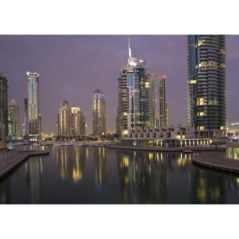 UAE, Dubai, Marina Lights reflect on marina Black Modern Wood Framed Art Print by Young, Bill