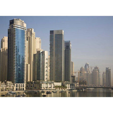 UAE, Dubai Marina towers with boats at anchor Black Modern Wood Framed Art Print with Double Matting by Young, Bill