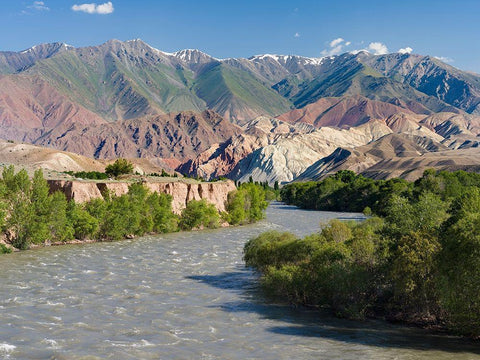 Valley of river Suusamyr in the Tien Shan Mountains west of Ming-Kush-Kyrgyzstan White Modern Wood Framed Art Print with Double Matting by Zwick, Martin