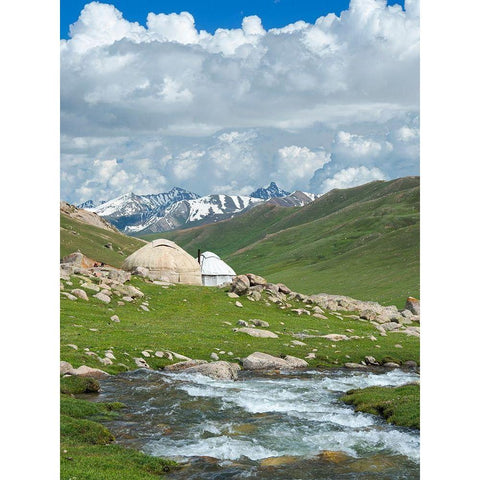 Landscape with Yurt at the Otmok mountain pass in the Tien Shan or heavenly mountains-Kyrgyzstan Black Modern Wood Framed Art Print by Zwick, Martin