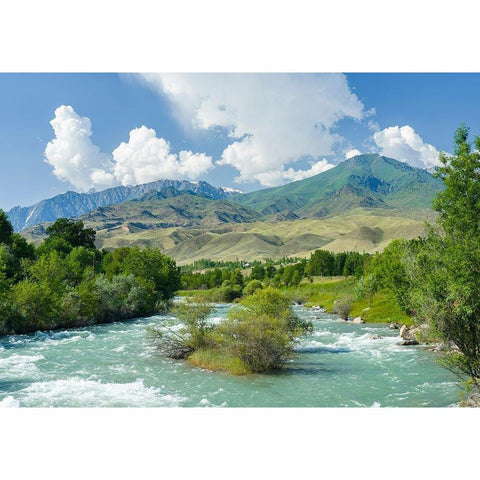 Landscape near Toktogul close to Tien Shan Highway-connecting Bishkek with Osh White Modern Wood Framed Art Print by Zwick, Martin